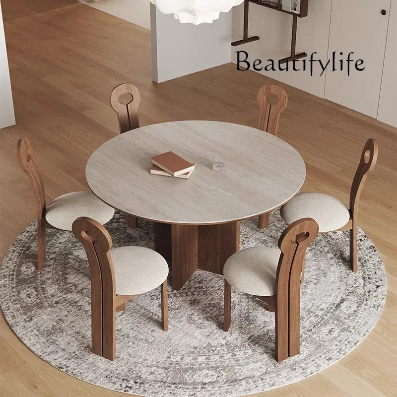

Travertine rock slab small round table household one meter round dining table walnut solid wood round dining table