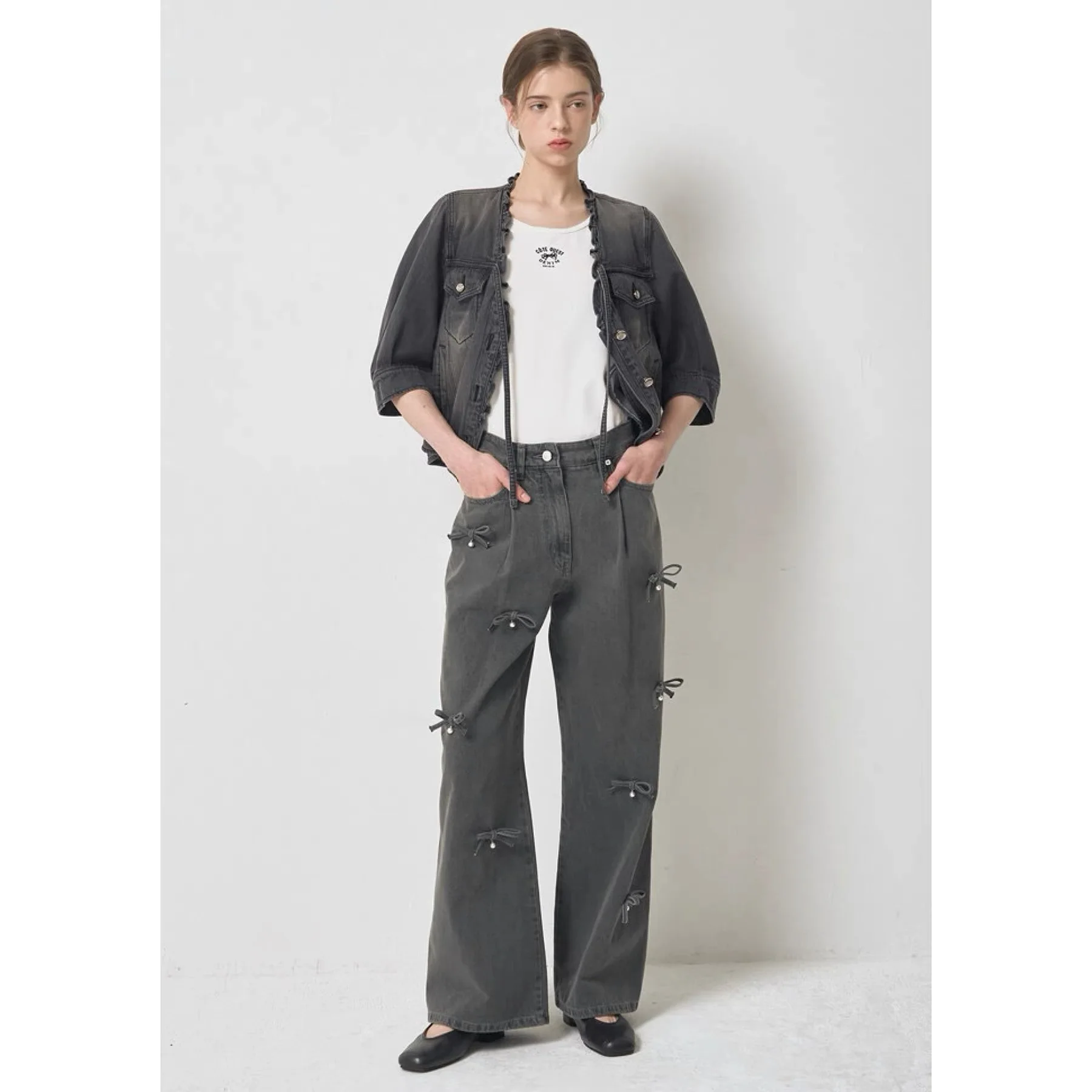 

Sweet Knot Embellished Wide Leg Casual Versatile Denim Jeans Lemon Remote Commute Style Straight Leg Cotton Blend