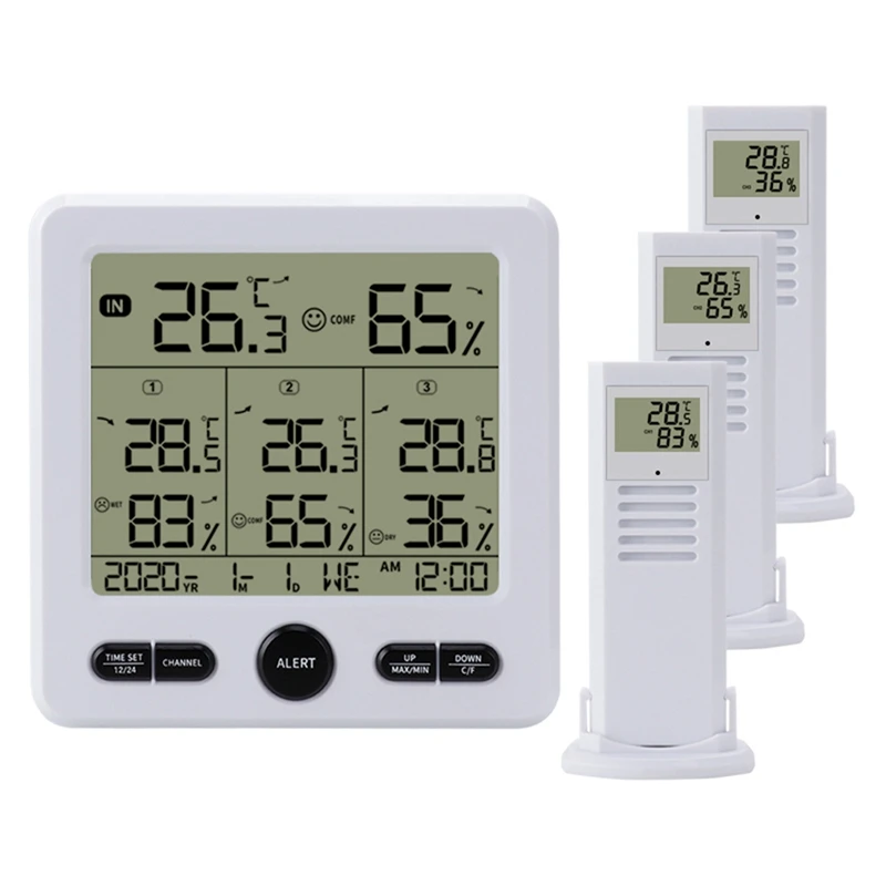 

Digital Thermometer Hygrometer Indoor Outdoor Multi-Function Temperature Humidity With Wireless Sensor White