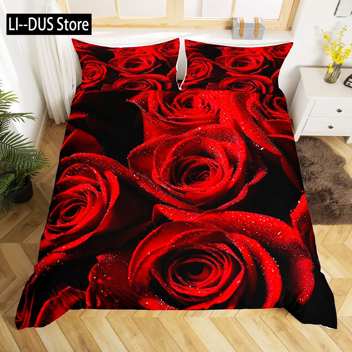 

Floral Printed Red Rose Bedding Set 3pcs for Kid Girls Comforter Cover Decor Duvet Cover Set Soft Quilt Cover with 2 Pillow Case