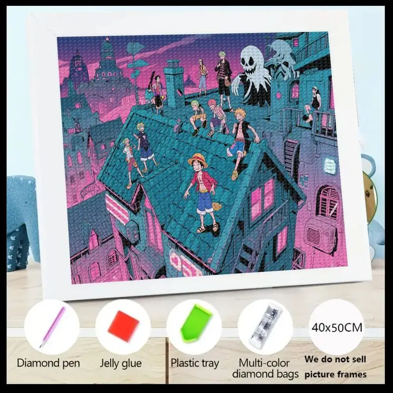 

1PC 5D DIY Full Drill Diamond Painting Kit, Anime One Piece Characters City Rooftop Night Scene, Cartoon Manga Style Rhinestone