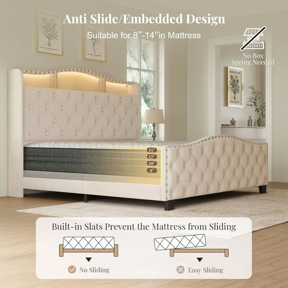 Beżowa aksamitna ramka łóżka typu wingback o rozmiarze queen z oświetleniem LED, schowkiem i stacją ładującą