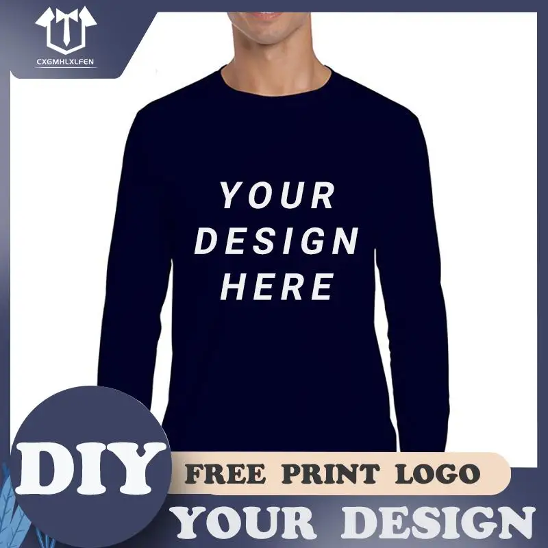 Men Classic Long Sleeve T-shirt Custom Your Photo Text Logo Printing Personalized Customized Thirts Male Tops Euro Size XS-2XL