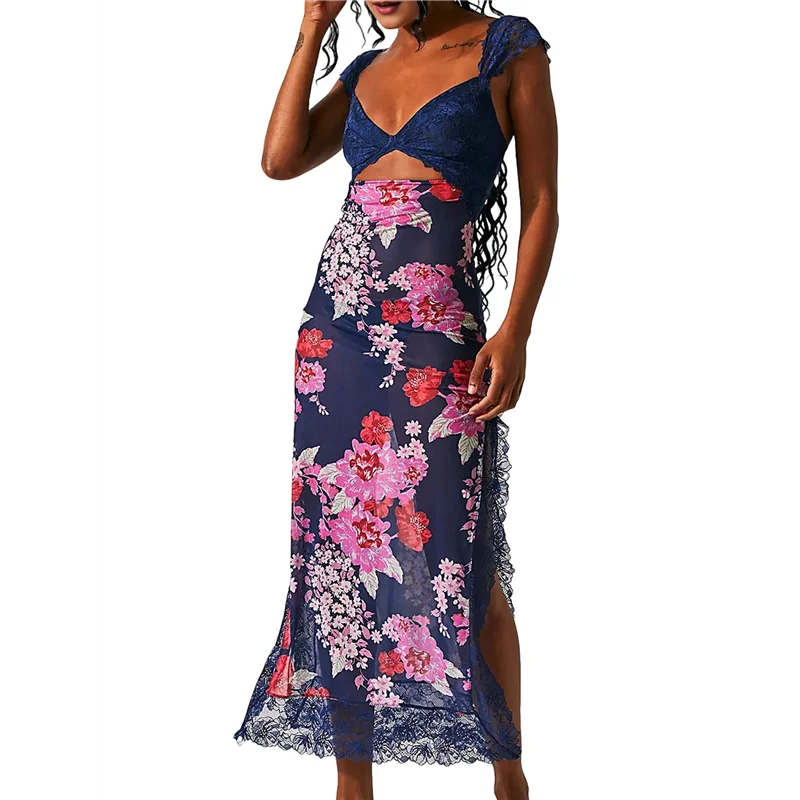 Cgs-feminino renda retalhos malha maxi vestido floral impressão recorte querida pescoço sem costas fenda verão y2k vestidos longos