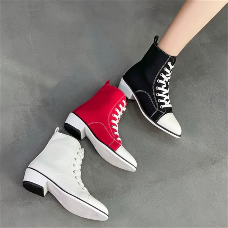 Spring new pointed square heel flat heel high top fashion canvas shoes casual versatile lace up large size high heels women shoe
