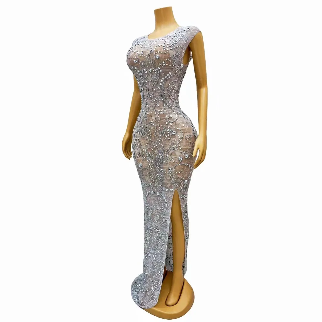 Stock Luxury Shiny Crystal Diamond Stretch Tight Long Dress Elegant Prom Gown Stage Performance Costume 2025 Annual Party Dress