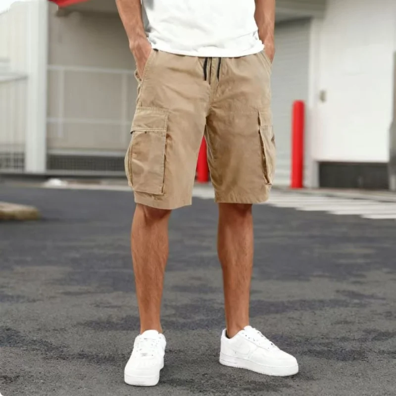 

2026 Summer Men Loose Straight Pants Casual Multi-pocket Shorts Pure Color Fashion Men Shorts Drawstring Daily Cargo Short Pants