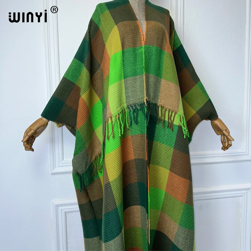 WINYI winter african dresses for woman Plaid print Pleated long down Cardigan kaftan autumn tassels kimono abaya evening dress