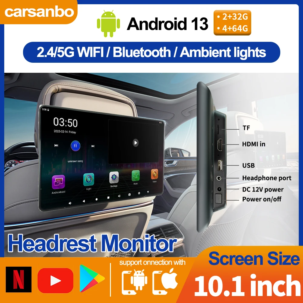 Carsanbo 10.1 Inch Android 13 Car Headrest Monitor For Kids Back Seat Entertainment Touch Screen Universal Rearseat Video Player