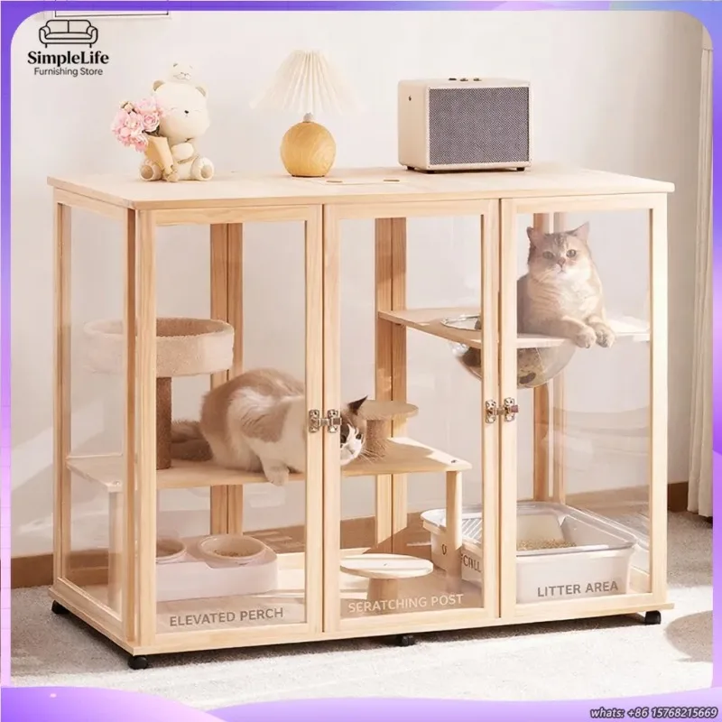 

Большой деревянный домик-когтеточка для кошек с закрытой спальной зоной, лазательной стойкой и столбиками для царапания для домашних кошек