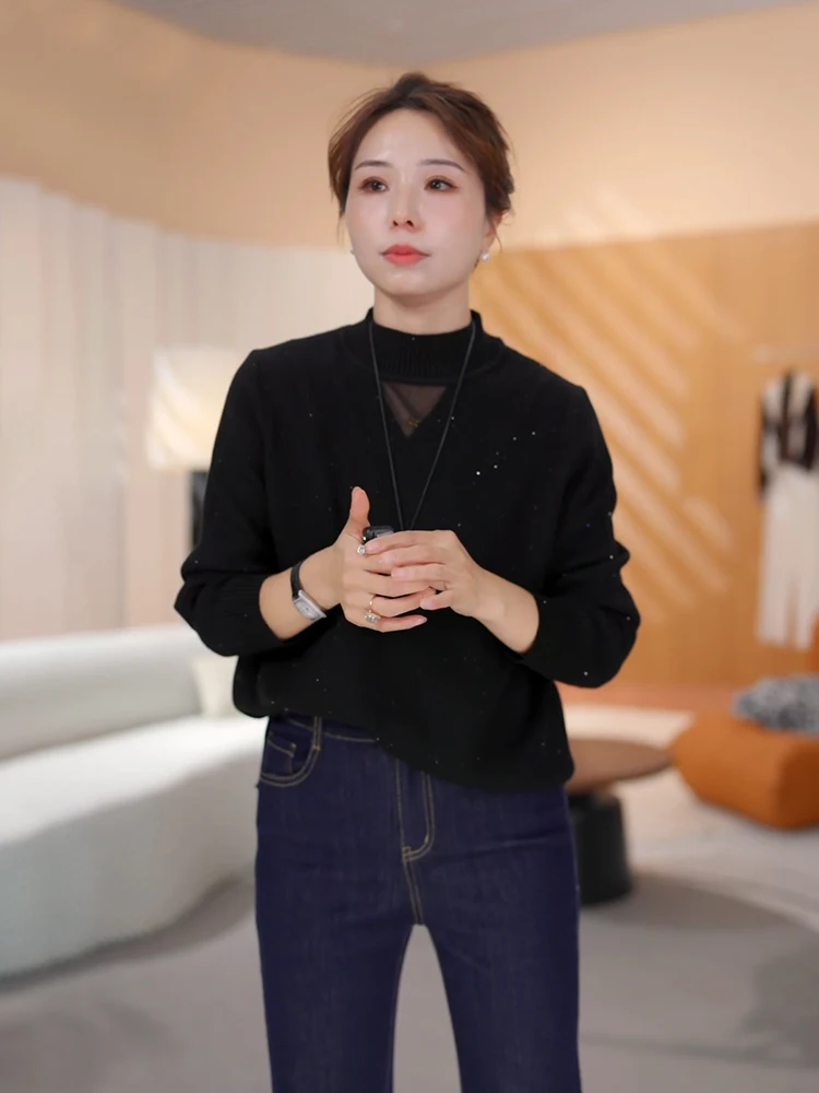 

Повседневный вязаный свитер с пайетками для женщин, весна 2026, новинка, с высоким воротом, удобный, свободного кроя, с длинными рукавами