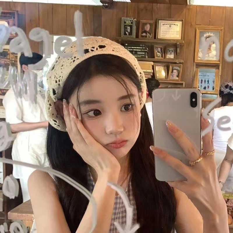 Summer Sweet Retro Solid Color Hollow Embroidery Knitted Triangle Turban For Women image 4