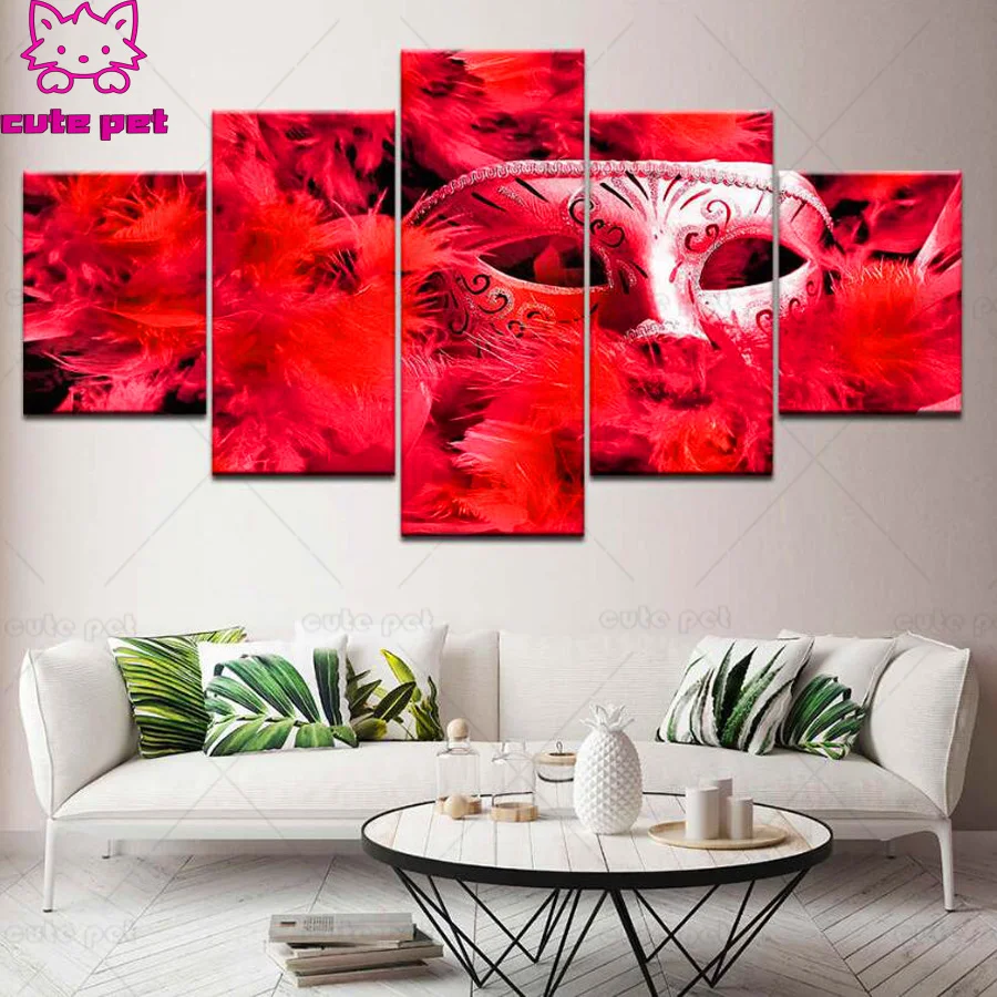 5D DIY Diamond Painting red feather cross stitch full square/round diamond embroidery woman mask mosaic painting 5 pcs set