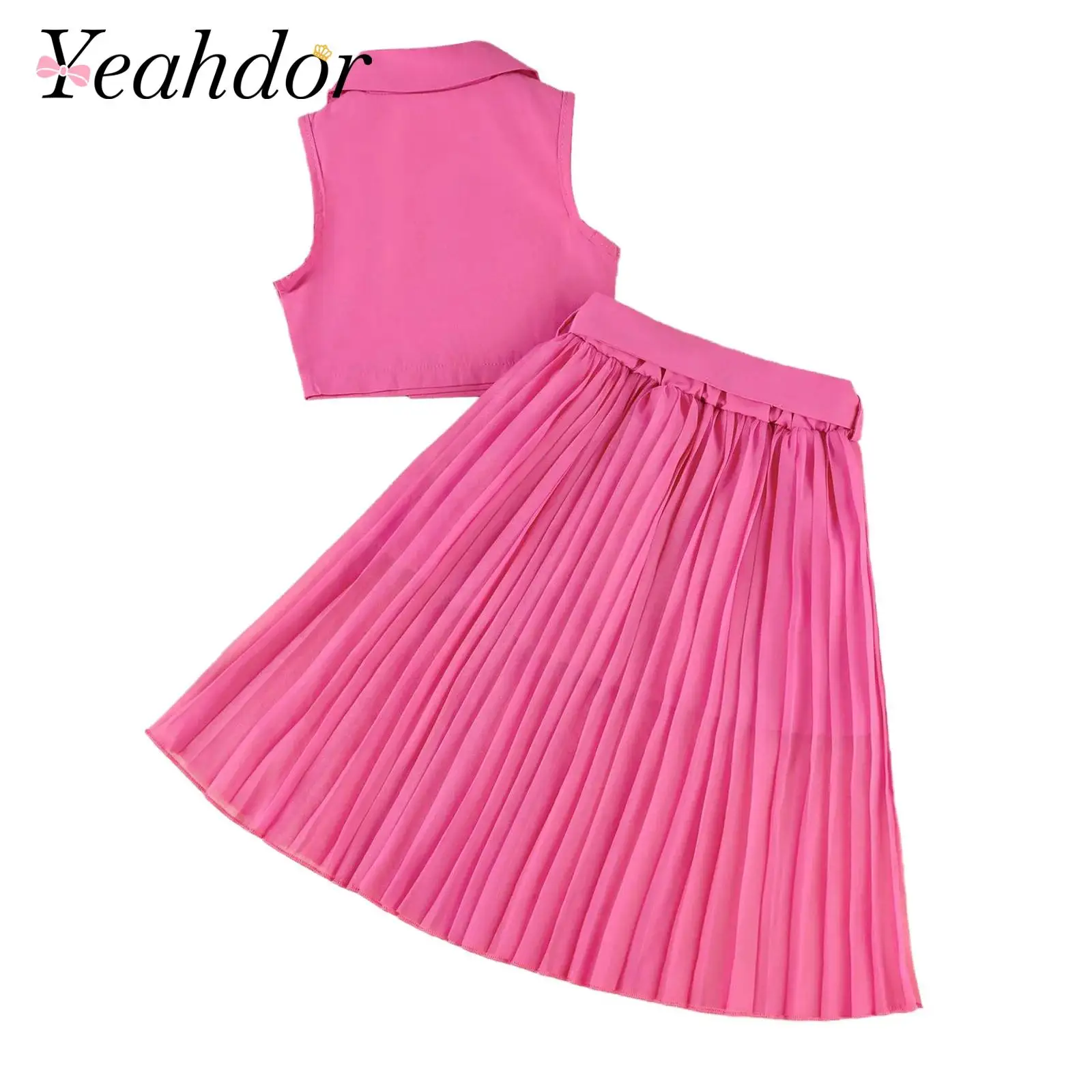 Zweiteiliges Set für Mädchen im Preppy-Stil, elegante Anzüge mit Revers, zweireihigem Crop-Top, ärmelloser Weste und plissiertem Rock mit Gürtel