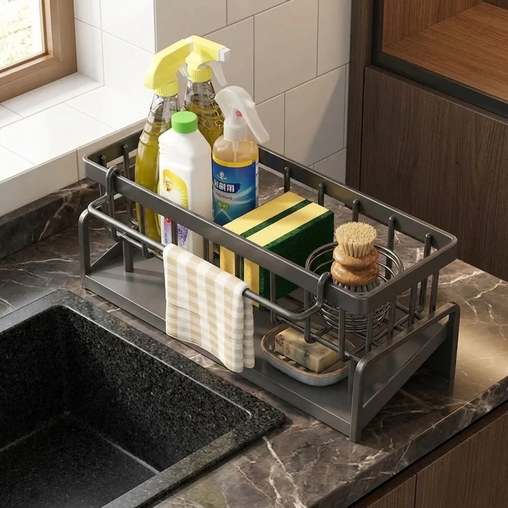 

Tap-Mounted Compact Spice Shelf Sink Organizer with Drainage Rack & Towel Bar Space-Saving Kitchen Storage Rack for Utensils Cle