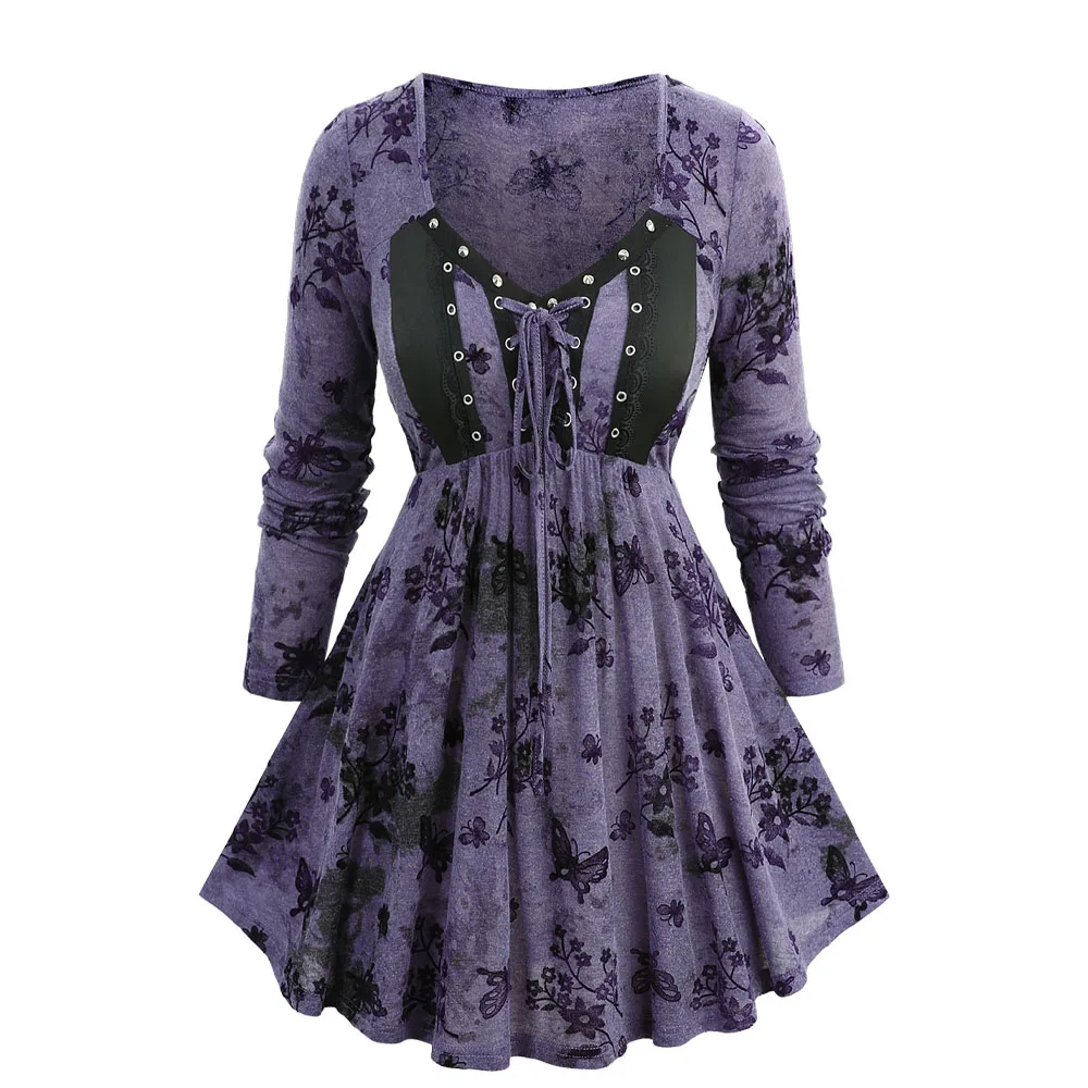

ROSEGAL Plus Size Floral Butterfly Print Long Sleeve Tops Purple Lace-Up Elegant Women's Blouse for Casual Wear 2025 Autumn New