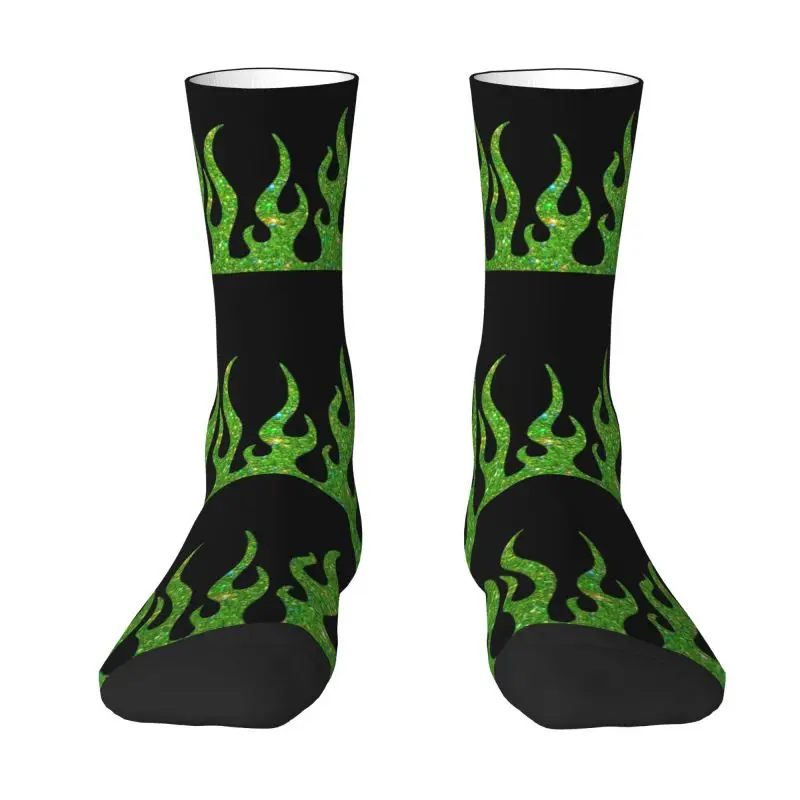 Green Glitter Flames Dress Socks Mens Womens Warm Fashion Novelty Vintage Fire Aesthetic Crew Socks