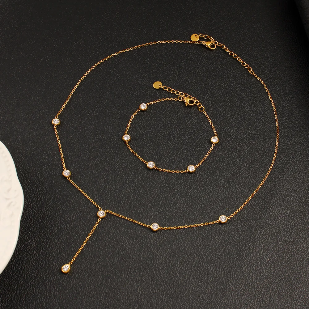 Minimalist Simple Cubic Zirconia Inlaid Chain Jewelry Set Women Couple Chic Stainless Steel Bracelet Necklace Daily Wear