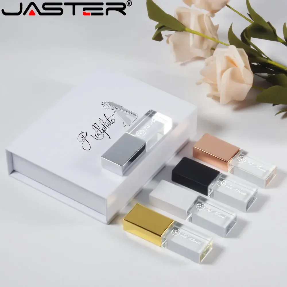 Unidade flash usb de cristal 128gb logotipo grátis usb 2.0 memória vara 64gb pen drives com caixa 32gb presente de casamento pendrive 16gb u disco