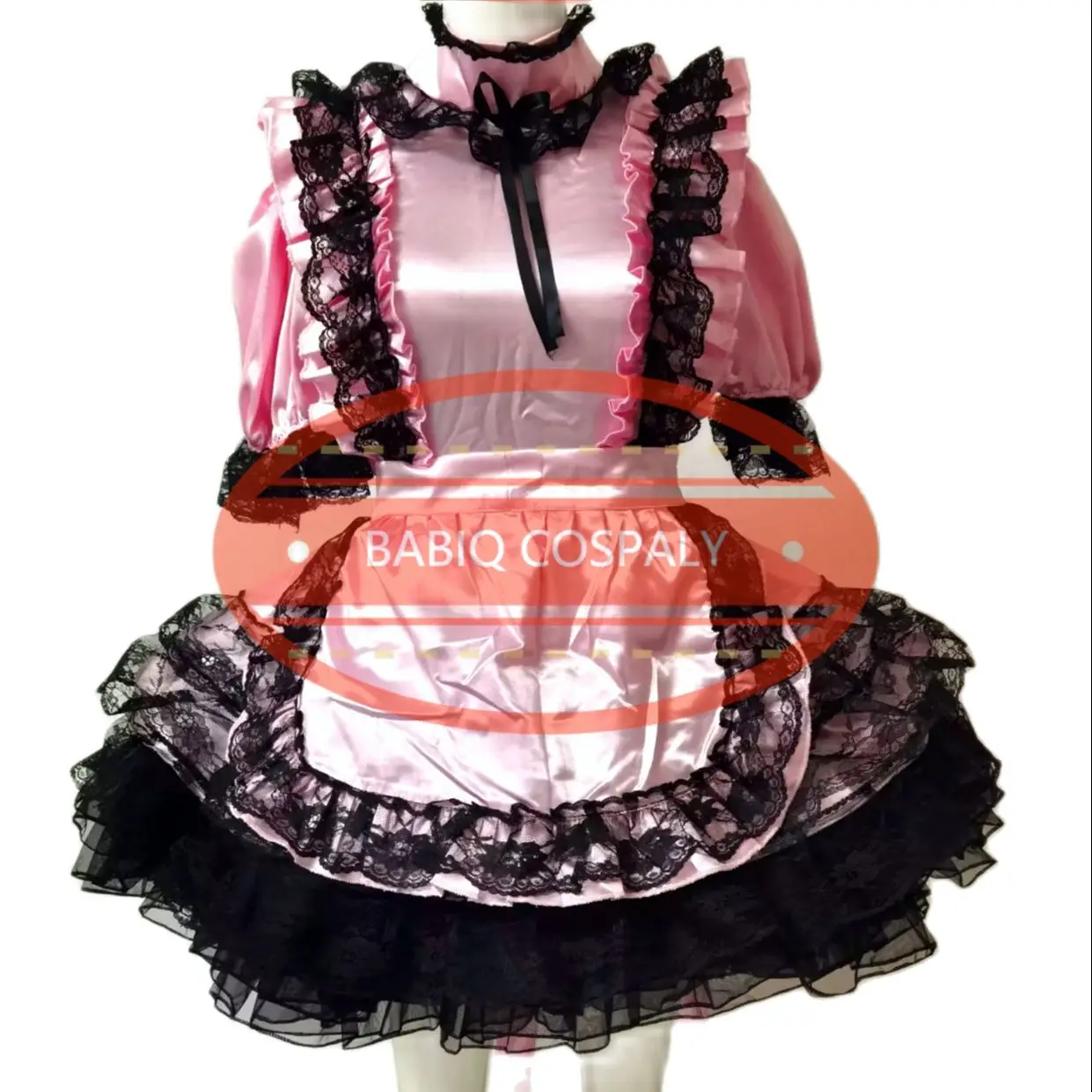 Sexy Adult Sissy Cross Dressing Girl Pink Short Dress Forged Black Lace Border Role-playing Maid Dress Uniform Lockable