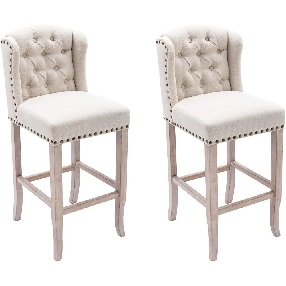 Taburetes de bar modernos, juego de 2, taburetes de bar de 30 pulgadas con respaldos y patas de madera, taburetes de cocina de tela de lino