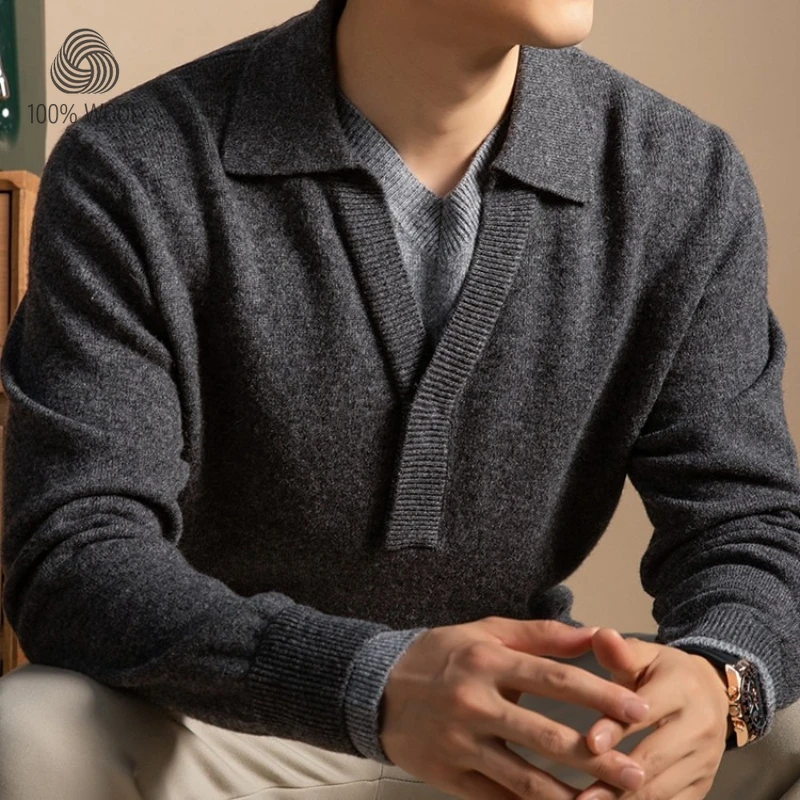 Men's Faux Two-Layer Sweater, 100% Wool 500g, Turn-Down Collar, Old Money Loose Fit​ Gold Standard Craft