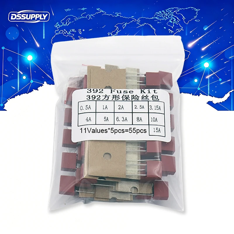 55PCS/Set Square Plastic Fuse Assortment Kit 392 250V  0.5A 1A 2A 2.5A 3.15A 4A 5A 6.3A 8A 10A 15A Fuses Slow Blow Tube Fuse Set