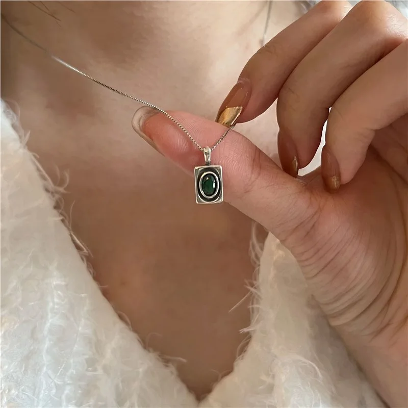 VENTFILLE 925 Sterling Silver Geometry Necklace for Women Girl Block Green Zircon Retro Minimalism Jewelrye Gift Dropshipping