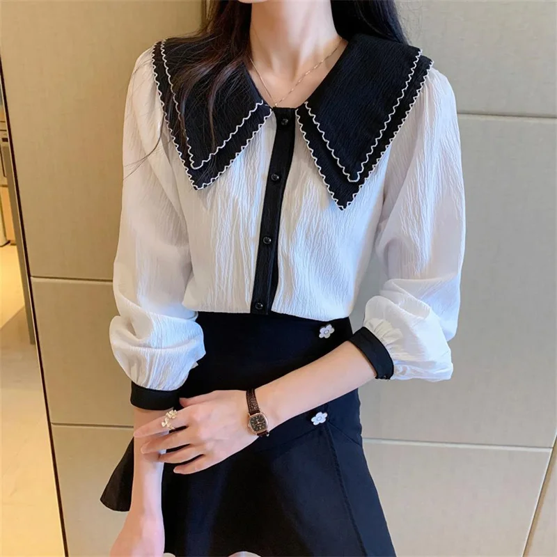 Elegant White Patchwork Women Shirts Vintage 2022 Ladies Kawaii Korean Chic Puff Sleeve Blouse Harajuku Clothes Office Lady Tops