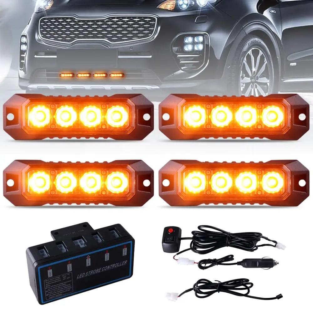 

4PCS 4-LED Surface Mount Flashing Amber Grille Lights For Car Trucks Emergency Hazard Warning Strobe Light With Controller Lamp