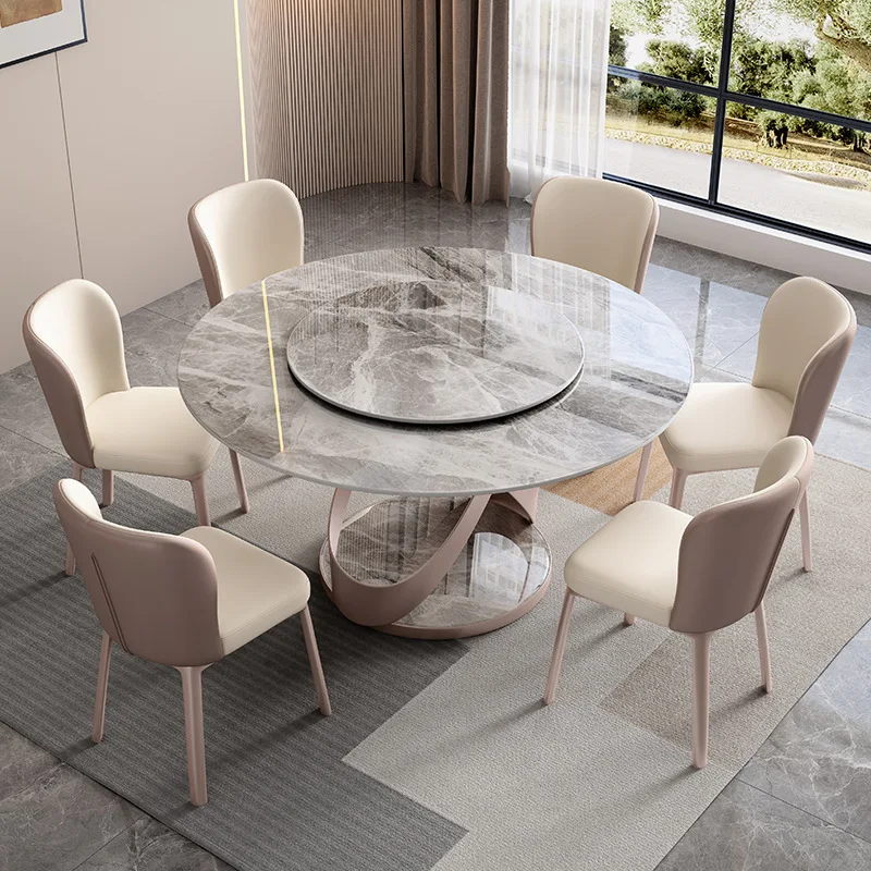 Bright rock slab dining table Round modern simple household dining table with turntable for 8 people Small apartment