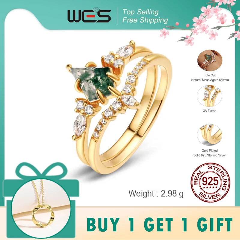 

WES стерлингового серебра 925 пробы, огранка воздушного змея, натуральный моховый агат, золотые кольца, наборы для женщин, свадебный комплект, подарок на день Святого Валентина, ювелирные изделия оптом