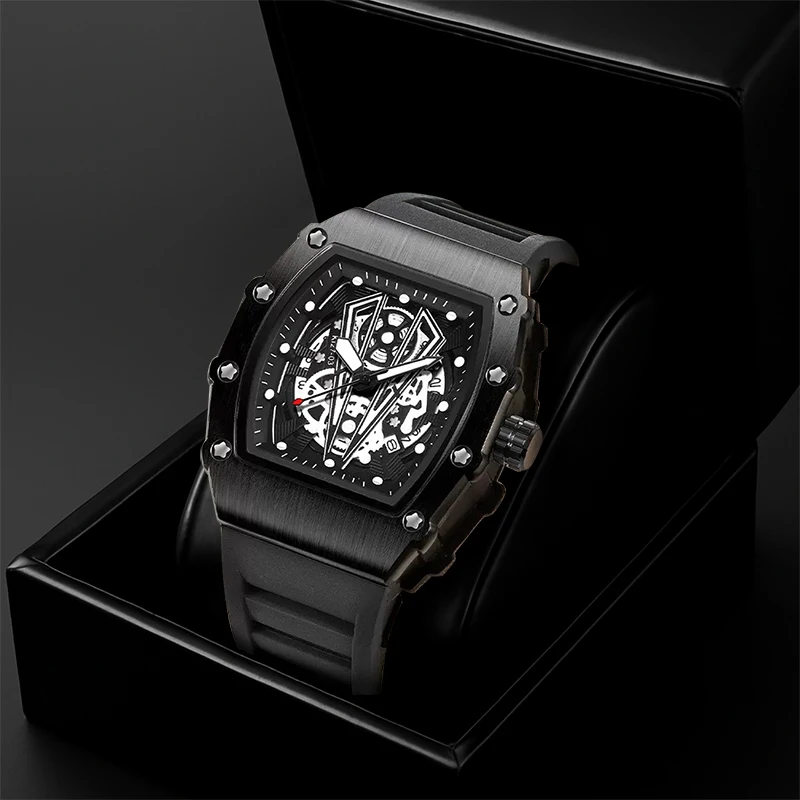 1pcs Men's Black Tape Sports Style Versatile Calendar Inverted Triangle Wine Bucket Quartz Watch