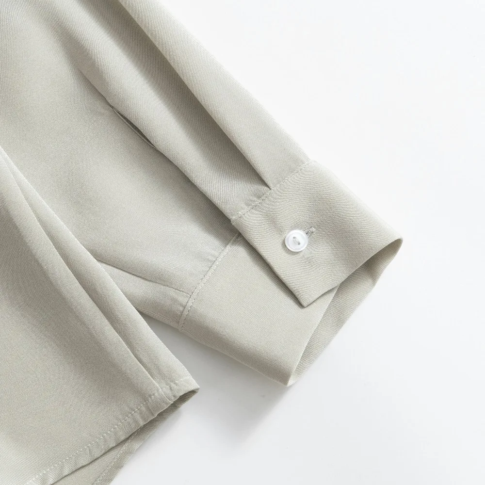 2026 moda mujer primavera nuevo 26MM 93% seda de morera Natural crepé pesado gris claro verde versátil camisa de oficina de manga larga