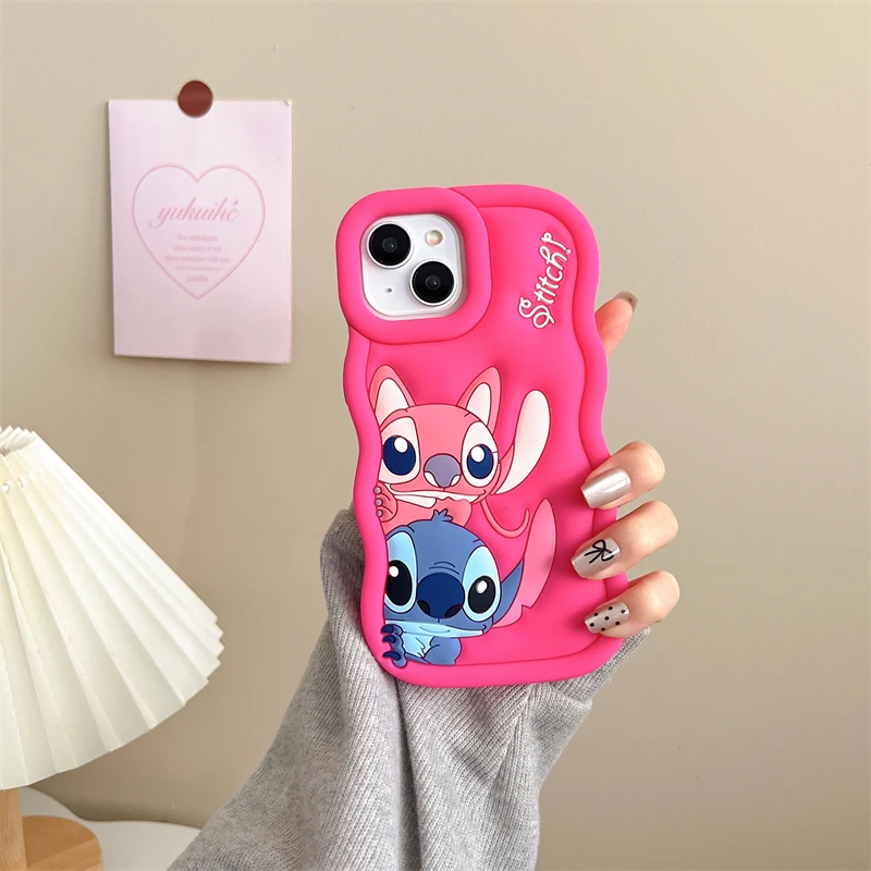 Coque de téléphone Stitch Wave Side, coque en silicone souple, dessin animé 3D, couple, mignon, luxe, iPhone 16 15 14 Plus 13 12 Pro Max 11 X Xs