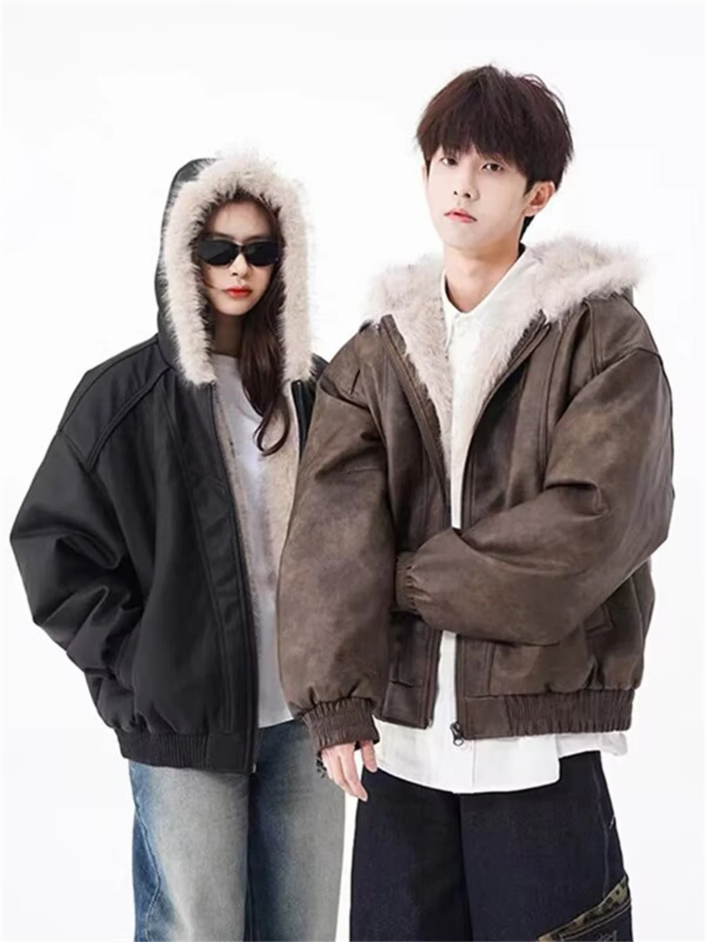 

American Sle Thiened Leather Jaet Men's Winter Faion Brand Warm Thiened Couple's Clothes Rabbit Fur Hood Cotton Coat