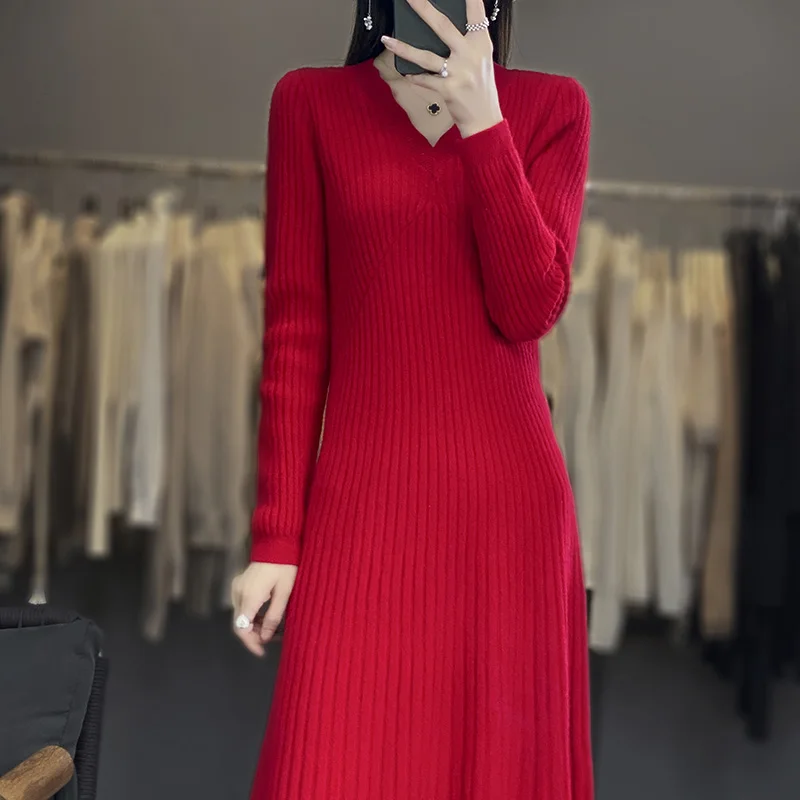 FRSEUCAG Pullover 100 Pure Wool V-Neck Women\'s Dress Sweater Fashion Slim Fit Long Sleeve Knitted New Product Long Women\'s Dress