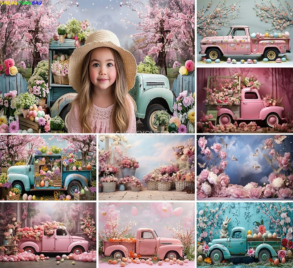 

Vintage Elegance Pink Truck Flowers And Easter Eggs Photography Backdrops Happy Valentine's Day Photo Studio Background CZ-01