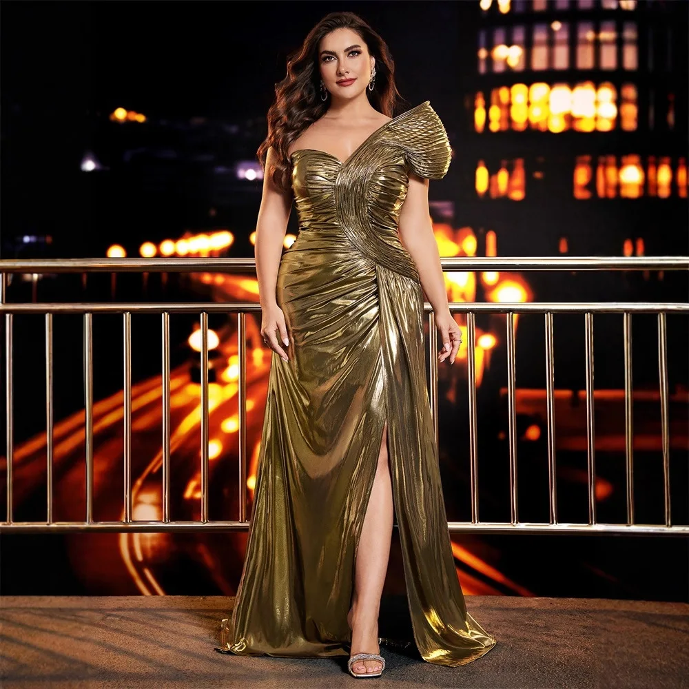 Plus Size Antique Gold Asymmetric One Shoulder Pleated Metallic Lamé High Slit Mermaid Floor Train Evening Gala Maxi Gown