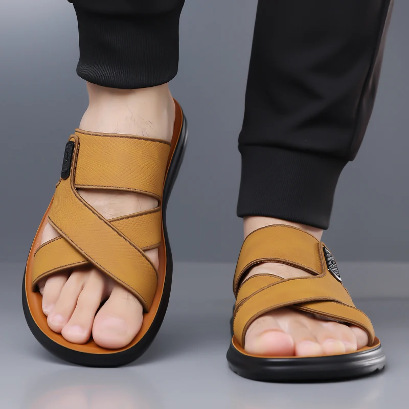 Trendy Men Platform Slide Slippers Cross Over Textured Strap Buckle Decor Lightweight Cushioned Sole Beach Driving Casual Summer