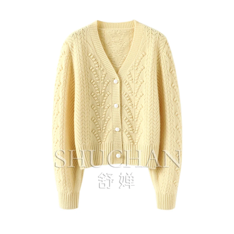 

V-Neck Jacquard 100% Pure Cashmere Cardigan Women's Pure Cashmere Sweater Knitted Cardigan Jacket Feminino