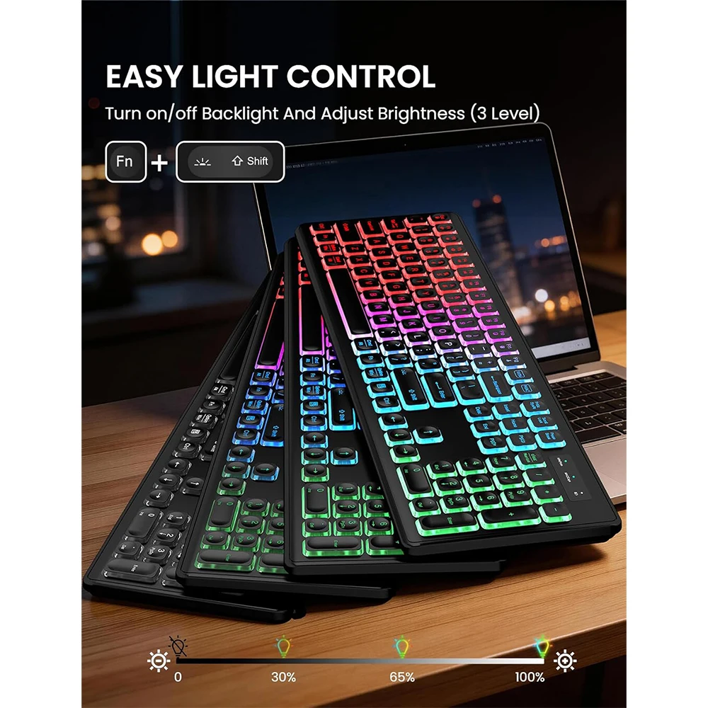 Set Tastiera e Mouse Wireless Ergonomico, Ricaricabile 2.4Ghz con Retroilluminazione a 7 Colori, Tastiera Wireless a Grandezza Standard con 104 Tasti per PC/Laptop/Desktop - Nero