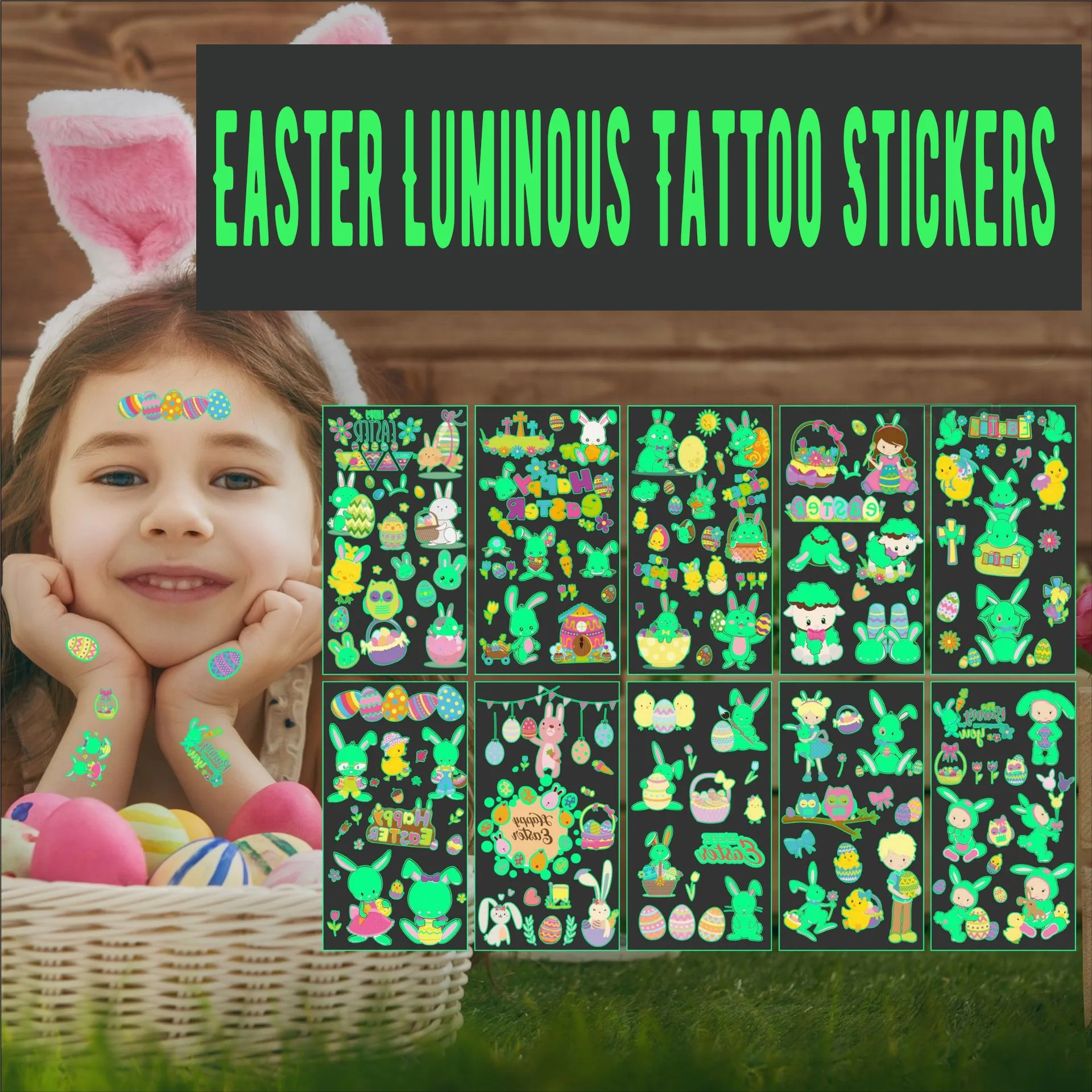 

packs of children's luminous Easter tattoo stickers cute cartoon rabbit eggs temporary tattoo stickers tattoo