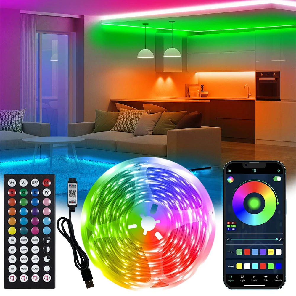 

1 шт. светодиодная лента, профессиональная технология SMD 5050RGB, с пультом дистанционного управления через приложение + 44 клавиши, подходит для внутреннего освещения.