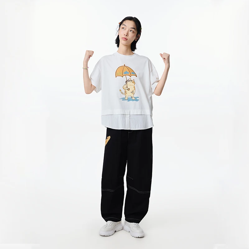 MOVEUP Casual Short Sleeves Round Neck T-Shirt 2026 Summer New Cartoon Cat Print False Two Piece Loose Top For Women 325210523