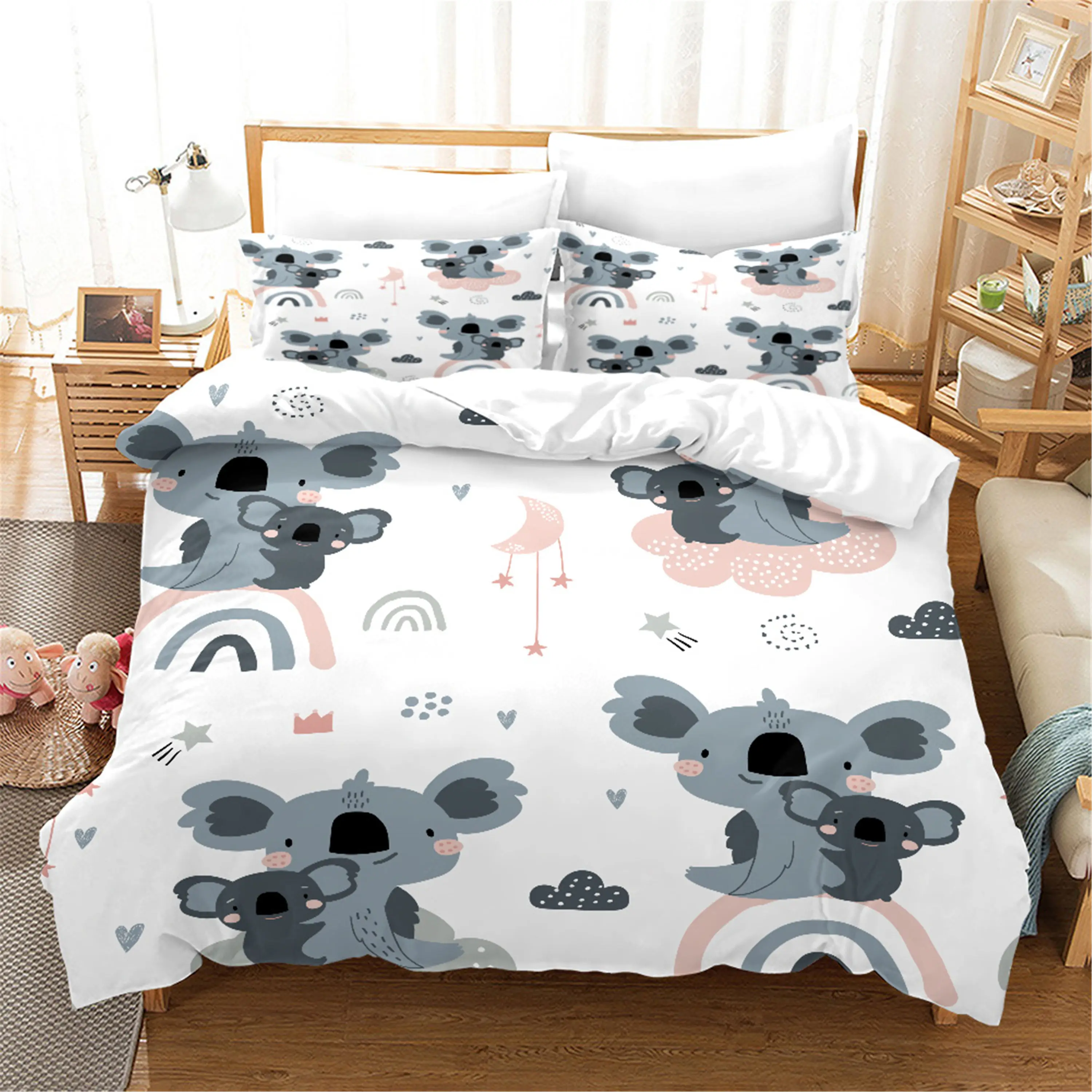 Cartoon Koala Duvet Cover King Queen Lovely Animal Bedding Set For Kids Teens Adults Wildlife Quilt Cover With Pillowcase 2/3PCS