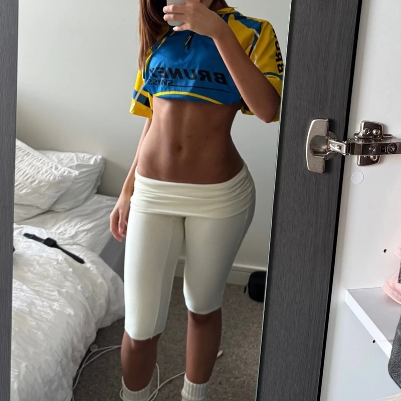 2026 Women's Y2k Solid Color Capri Pants Elastic Rise Fold Over Waist 3/4 Length Slim Fit Yoga Cropped Leggings for Casual Daily