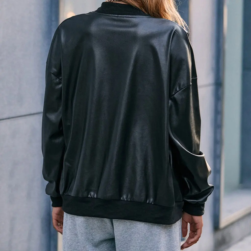 

Women's Slim Fit PU Leather Motorcycle Jacket Long-Sleeved European American Style Baseball Coat for