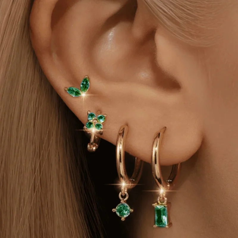 4Pcs Green Huggie Hoop Earring Set Women Tragus Piercing Helix Jewelry Fashion Crystal Cartilage Stud Earring Lot Aretes Mujer