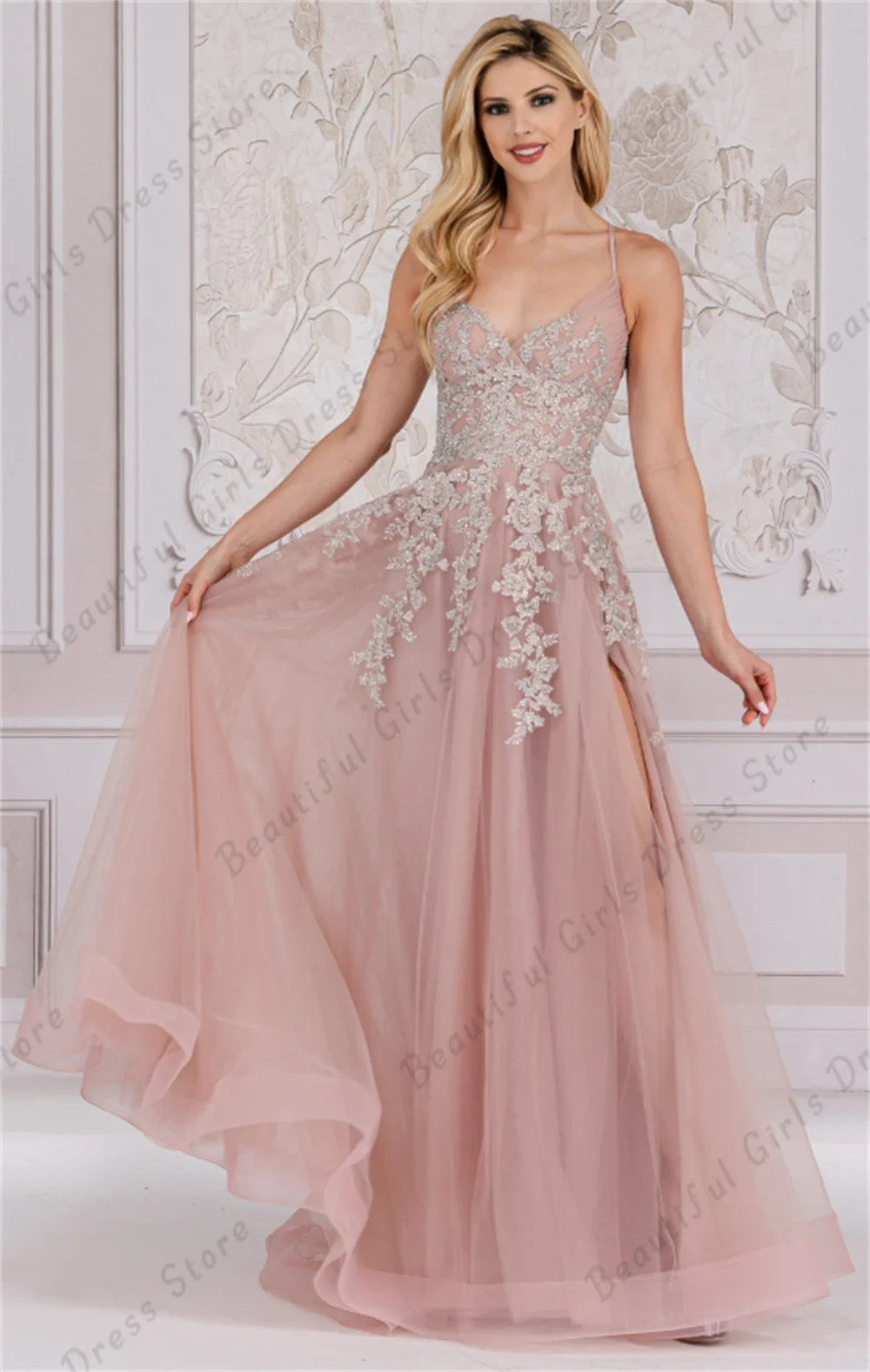 Tulle Spaghetti Strap V-Neck Prom Dresses With Split Lace Appliques Sequins Corset Evening Gown Sleeveless A-line Long Ball Gown